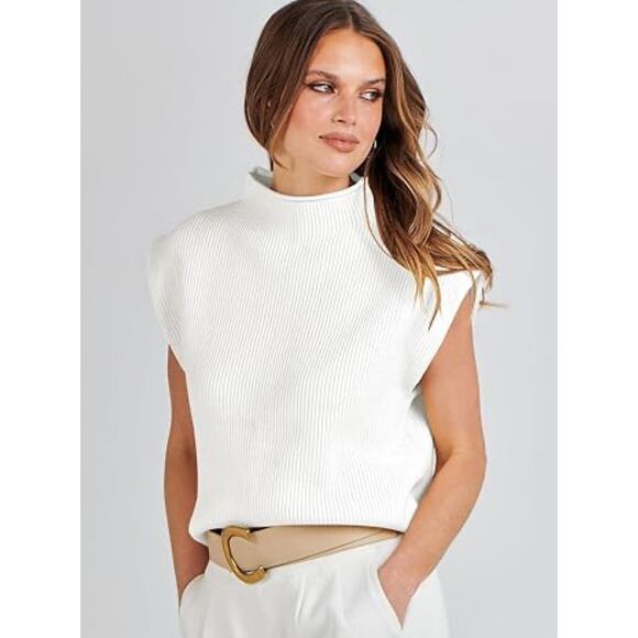 Caracilia White Knit Sleeveless Sweater, Layering Vest, Ribbed Mock Neck Top XL - Picture 2 of 8